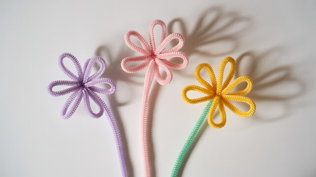 Colorful pipe cleaner flowers bouquet handmade minimalist craft decoration soft focus