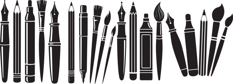 writing and artistic tools: pen, pencil, marker, paintbrush set. silhouette vector icon illustration with white background