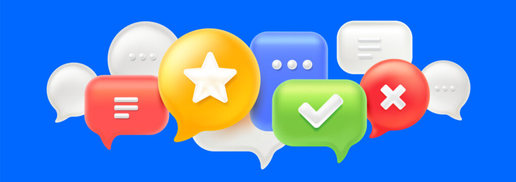 Vector illustration of cloud of various shape speech bubble on color background. 3d style design of set of speech bubble with star and check mark. Realistic social media symbol of communication icon