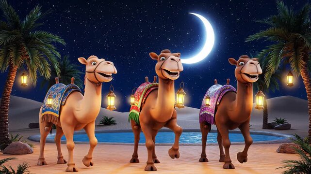 Smiling cartoon camels enjoying a magical desert night under starry sky