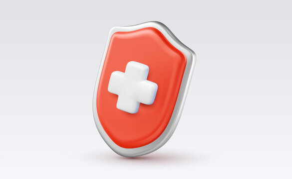 Vector illustration of realistic medical shield icon on light background. Business safety insurance symbol. 3d style design of red shield with cross