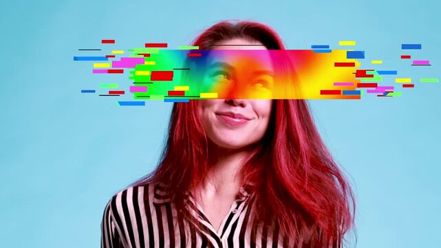 Promo video. Smiling red-haired woman with digital glitch effect. Concept of digital identity, data distortion, cyber aesthetics, technology impact, modern art, privacy and media manipulation themes.