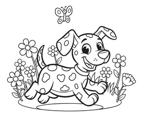 Cartoon dog running among flowers and a butterfly in the garden  