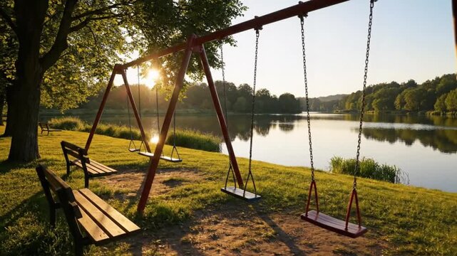 Sunset Playground Swingset by the Lake Quiet Park Scene