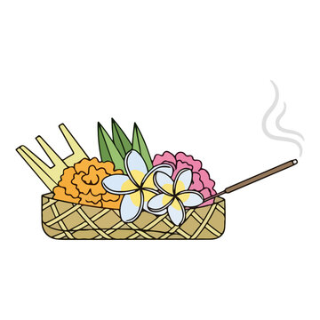 Traditional Balinese Hindu offering Canang Sari with flowers and incense illustration