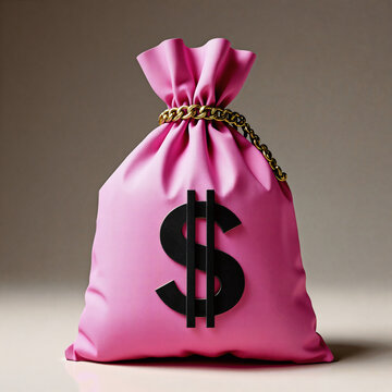 Vibrant pink money bag with a prominent dollar sign symbol in stylized render