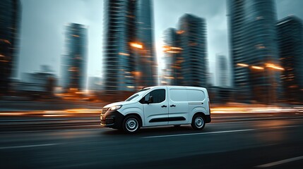 Fototapeta premium A white van is driving down the street at speed with a blurred background in the color of a yellow sunset. Concept of cargo transportation, goods delivery