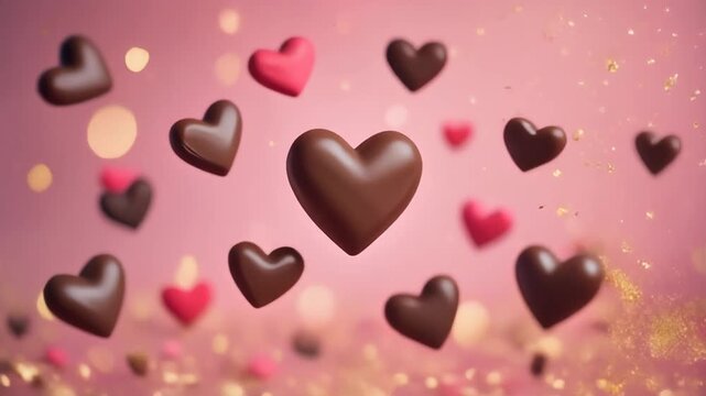Chocolate hearts and gold glitter on pink　ピンクの背景に舞うチョコハートと金の光　フルHD　動画