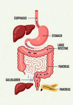 Detailed human digestive system anatomy with labeled organs