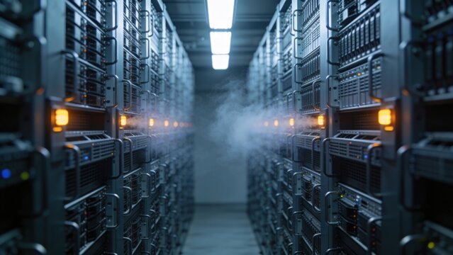 AI Data Center CapEx & Capacity Constraints - Medium close-up of a server corridor featuring densely packed racks, narrow aisles, and illuminated overload indicators and cooling vents.