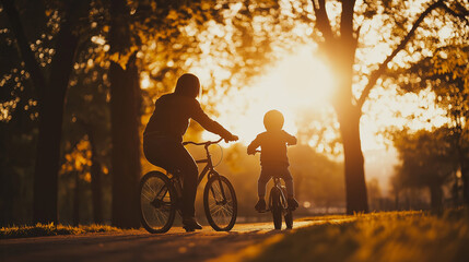 Silhouette of Mother and Child riding Bicycles in Park at Golden Sunset