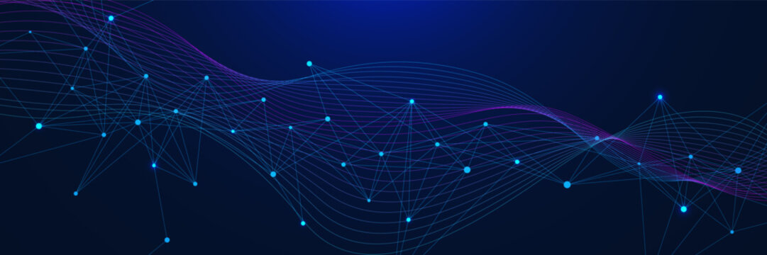 Abstract network connection dots and lines with wave flow. Digital big data visualization with plexus design. Design for science and technology. Vector