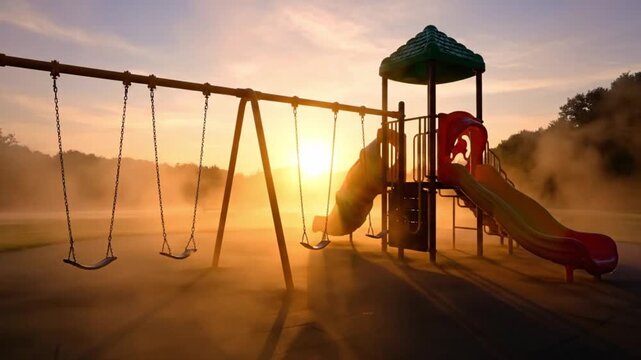 Misty Sunrise Playground Scene with Swings and Slide Silhouette