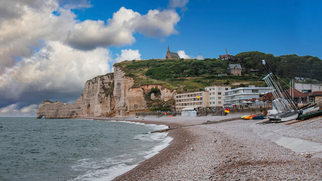 The town of Etretat, a famous landmark in France for its cliffs and arches