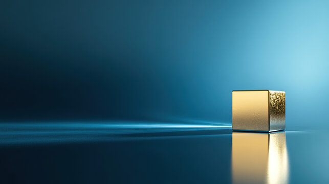 A floating metallic gold cube illuminated by soft blue digital light, set against a smooth blue background with subtle reflections, minimal composition, and wide open space conveying stability and str