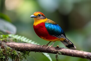 Fototapeta premium Vibrant Wild Bird Displaying Colorful Feathers in Rainforest Environment