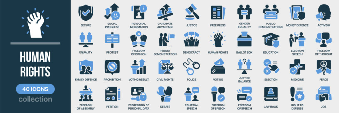 Human rights fill icon collection. Includes freedom, equality, democracy, justice, voting, protest, and civil rights symbols. Created in colored style with blue palette