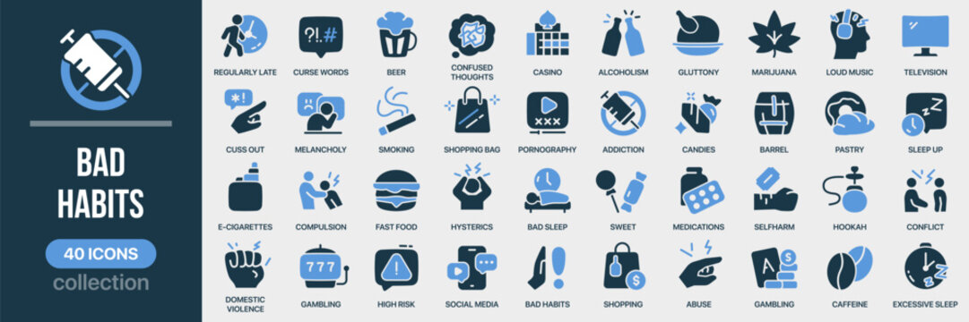 Bad habits fill icon collection. Includes addiction, smoking, alcohol, gambling, violence, and unhealthy lifestyle symbols. Created in colored style with blue palette