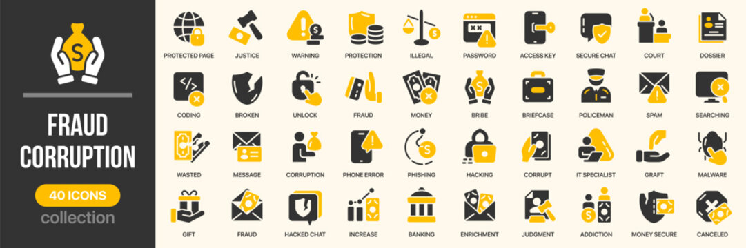 Fraud and corruption fill icon collection. Includes bribery, hacking, phishing, illegal money, cybercrime, and financial fraud symbols. Created in colored style with yellow palette