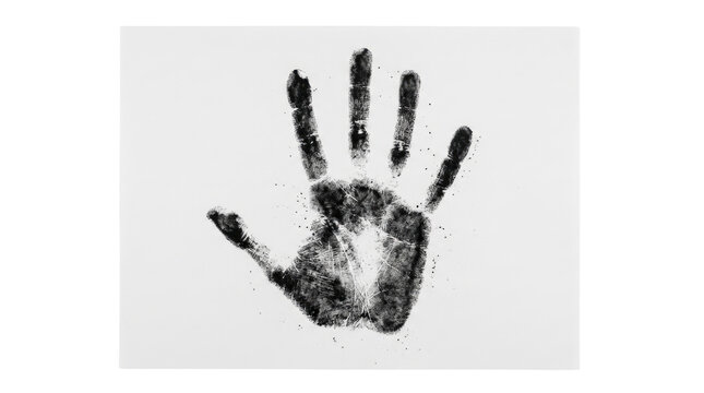 Handprint in black ink with five fingers on a white surface, showing a clear palm and finger details solid white background and no background