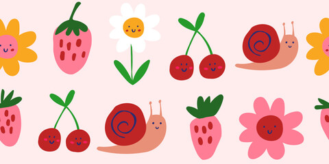 vector seamless pattern with flowers, crabs, cherries, strawberries in warm colors, chidlrens nursery pattern © tanya