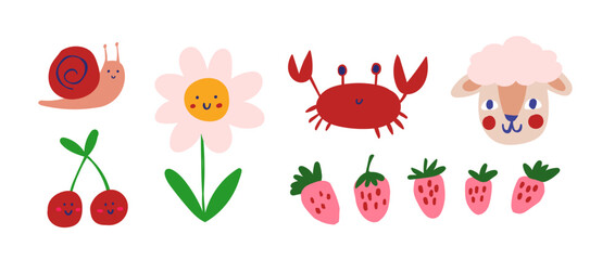 vector set of cute children characters doodles - snail, flower, cherry, sheep, crab, strawberry © tanya