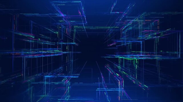 Digital Network Grid: An intricate digital network, bathed in cool blue hues, showcases interconnected lines and pathways within a dynamic abstract space.