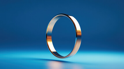 A floating metallic gold ring illuminated by soft blue and gold light, set against a deep blue gradient background with smooth reflections, subtle glow, clean composition, and wide open space emphasiz