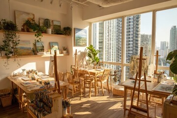 Obraz premium Art studio with easels, paintings, and natural light overlooking city