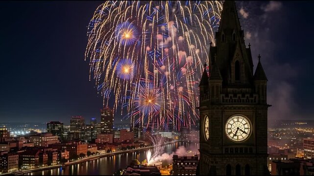 Fireworks display over cityscape at night with clock tower