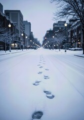 Muted winter city street after fresh snowfall with footprints fading into distance conveying transition and quiet determination