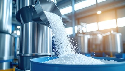 Obraz premium White plastic pellets pour from industrial metal machinery into blue container inside modern manufacturing facility