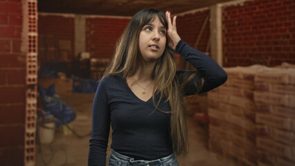 Fototapeta premium Woman with hand on forehead and eyes closed, long hair and necklace visible, standing amid stacked bricks in unfinished building; quiet fatigue.