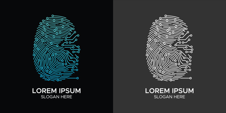 Digital Fingerprint Technology Logo with Cyber Circuit Nodes for Biometric Security, Data Protection, and High-Tech Identity