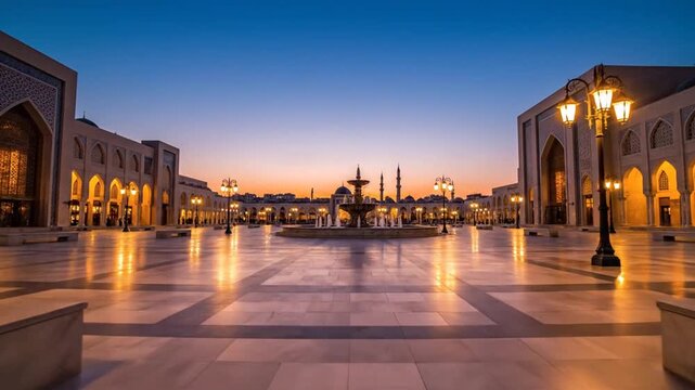 Ramadan Blue Hour Cityscape from Sunset to Maghrib with Mosque Lights