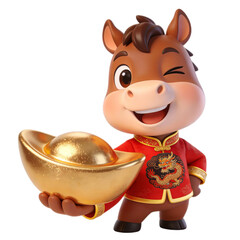 Cute 3D cartoon horse character wearing traditional red chinese outfit holding a large gold ingot, festive mascot for the lunar new year zodiac.