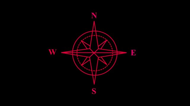 Animated compass icon representing direction and location guidance, road navigation map symbol and orientation concept with clean silhouette design on dark background.