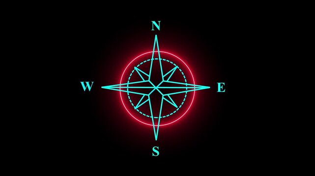 Animated compass icon illustrating direction and navigation, road map guidance and location orientation concept with minimal silhouette design on dark background.