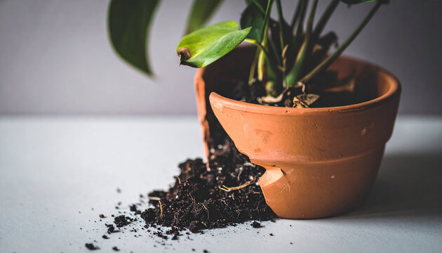 Dying green houseplant in broken terracotta pot, dry cracked soil, plant neglect, lack of care concept.