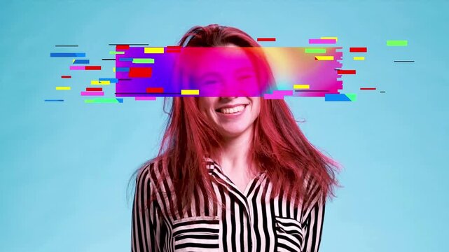 Video banner. Smiling red-haired woman with colorful glitch overlay. Concept of mixed emotions, digital optimism, distorted happiness, online identity, modern communication and virtual self expression