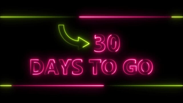Neon bright text 30 day inside a horizontal banner magenta red color animation. Display day 30 text animation, calendar counter concept.