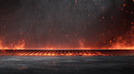 Fototapeta premium Empty cast iron grill grate with burning fire and smoke, barbecue background