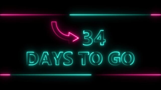 Neon bright text 34 day inside a horizontal banner colorful animation. Display day 34 text animation, calendar counter concept.