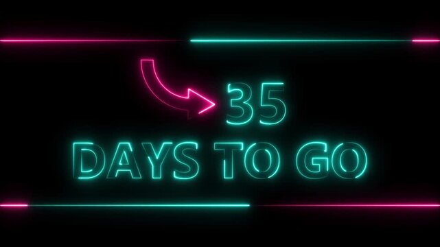 Neon bright text 35 day inside a horizontal banner colorful animation. Display day 35 text animation, calendar counter concept.