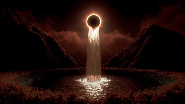 A breathtaking fantasy landscape featuring a glowing solar eclipse ring hovering between mountains, pouring a waterfall into a lake surrounded by vibrant red grass