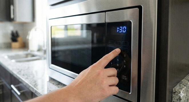 Close up of male hand pressing buttons on modern silver microwave oven in kitchen, domestic appliance promotion