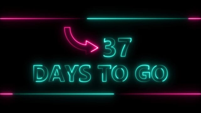 Neon bright text 37 day inside a horizontal banner colorful animation. Display day 37 text animation, calendar counter concept.