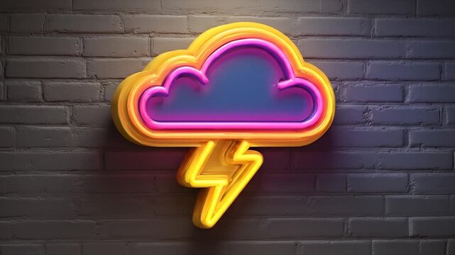 Neon cloud and lightning bolt sign against brick wall for design
