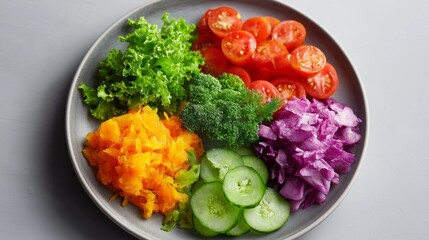 A plate of vegetables including carrots, cucumbers, and tomatoes