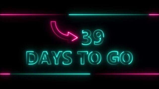 Neon bright text 39 day inside a horizontal banner colorful animation. Display day 39 text animation, calendar counter concept.